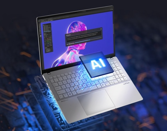 Asus Vivobook S15 with Snapdragon X Plus, showcasing AI-powered capabilities. The laptop features a stunning 3K OLED display and advanced AI features, making it a futuristic, lightweight, and power-efficient device for modern users.